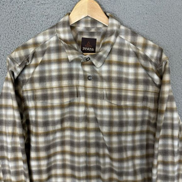 S Prana Shirt Mens Large Brown Plaid Long Sleeve Snap‎ Button Up Pockets - Picture 2 of 7
